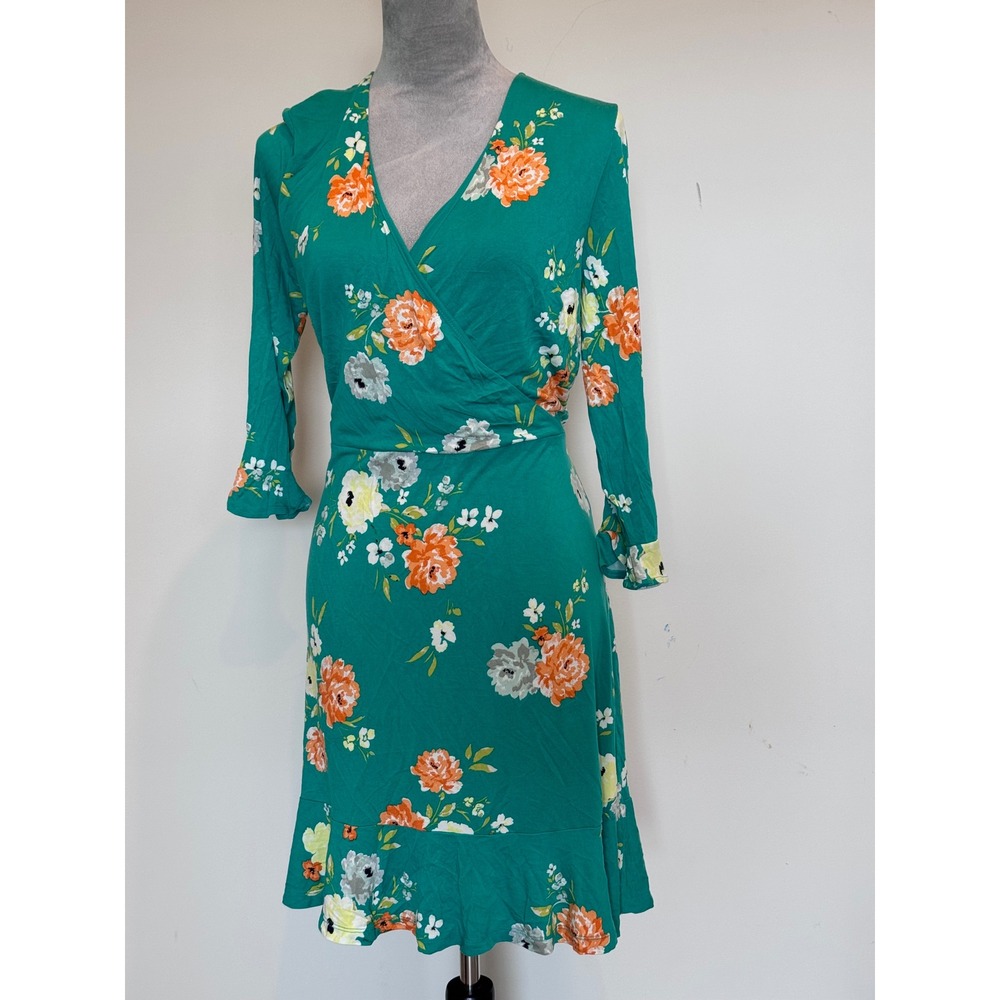 Loft Outlet Petite Teal Floral Faux Wrap Dress Ruffle Sleeve 14P